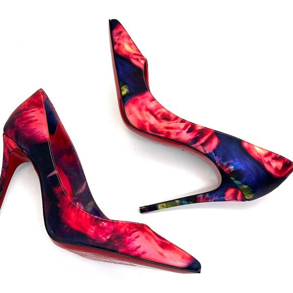 Christian Louboutin KATE 100 Roses Print Crepe Satin Heels Pumps Shoes